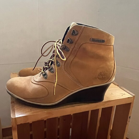 Timberland Size 8.5 M Tan Leather Lace-Up Wedge Heel Ankle Bootie Boots Shoes - Picture 8 of 16